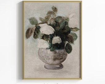 Flowers Vase Wall Art Vintage, Neutral Still Life Painting, Antique Flowers Wall Art, Floral Botanical Print, Farmhouse Decor - PRINTABLE