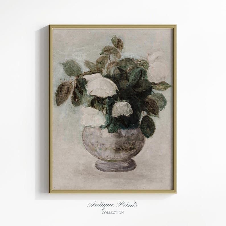 Flowers Vase Wall Art Vintage, Neutral Still Life Painting, Antique Flowers Wall Art, Floral Botanical Print, Farmhouse Decor - PRINTABLE