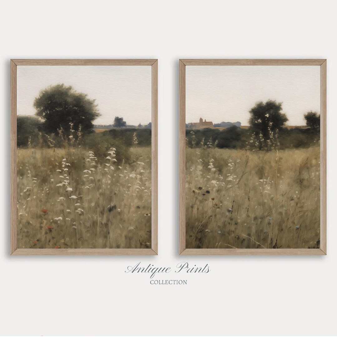 Wildflower Field Set of 2 Prints, Neutral Country 2 Pieces Vintage Wall ...