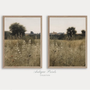 Wildflower Field Set of 2 Prints, Neutral Country 2 Pieces Vintage Wall Art, Landscape Painting, Spring Farmhouse Decor - PRINTABLE