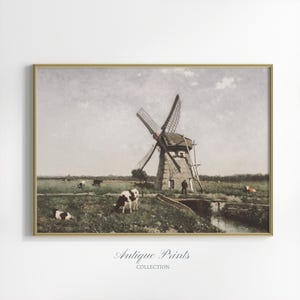Antique Farmhouse Printable Art, Country Landscape Oil Painting, Duch Windmill DIGITAL Print, Cattle Large Wall Art