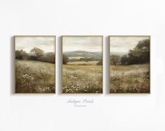 Wildflower Field Set of 3 Split Prints, Neutral Landscape 3 Pieces Wall Art, Digital Country Painting, Rustic Farmhouse Decor - PRINTABLE