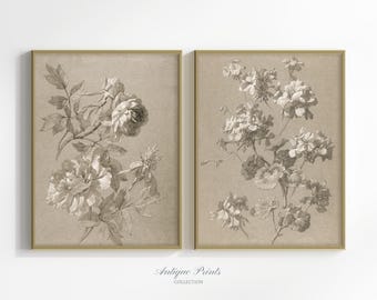 Neutral Botanical Wall Art, Vintage Branch Drawing, PRINTABLE Set of 2 Minimalist Floral Sketch Prints, Farmhouse Cottagecore Decor