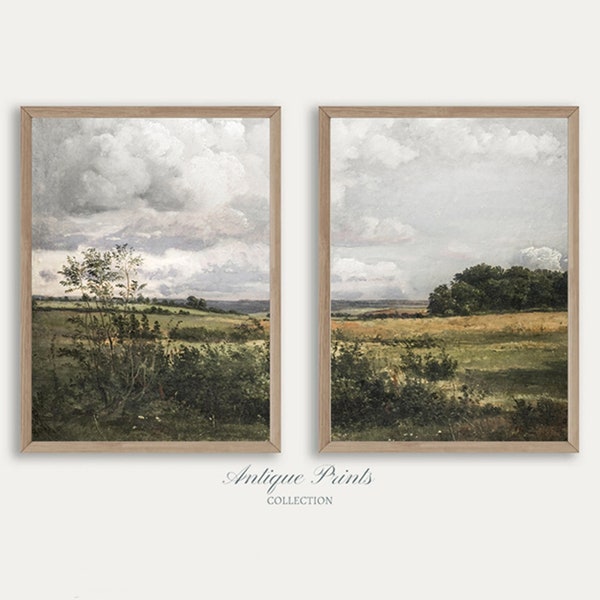 Muted Painting, Country Set of 2 Split Print, Landscape 2 Pieces Vintage Wall Art, Moody Countryside Print, Farmhouse Decor - PRINTABLE