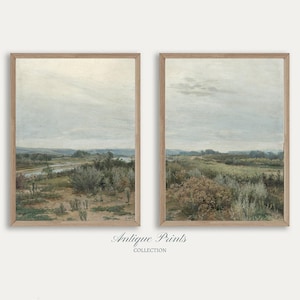 Countryside 2 Pieces Vintage Wall Art, Set of 2 Landscape Painting Vintage, Neutral Split Print, Antique Rustic Farmhouse Decor - PRINTABLE