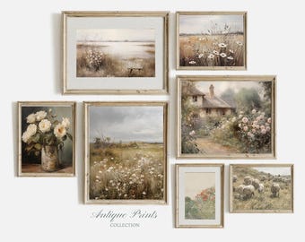 Vintage Set of 7 Wildflower Prints, Neutral Spring Gallery Wall Set, Cottage Decor, Antique Floral Landscape 7 Pieces Art - PRINTABLE