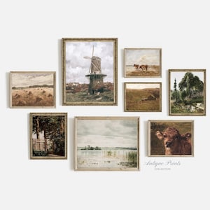 Farmhouse Gallery Wall Set, Set of 8 Vintage Country Prints, Antique Cattle Wall Art, Rustic Cottage Decor, Windmill Painting - PRINTABLE