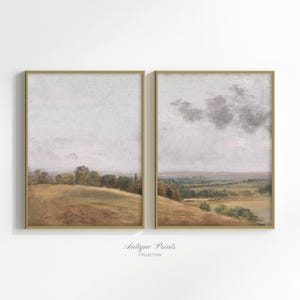 Landscape Prints Set of 2, Neutral Country 2 Pieces Wall Art, Vintage Countryside Painting, Rustic Farmhouse Decor - Digital Printable Art
