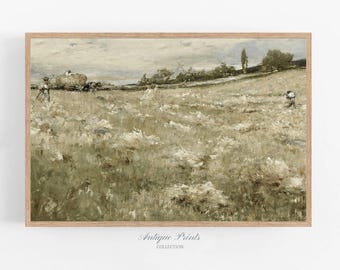 ニュートラルな風景画、アンティークな田舎風絵画、ヴィンテージの麦畑
