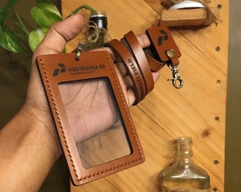 Model 6 - Leather Vertical Clear ID Holder and Engraving : Personalized ID Badge, Name Tag, Badge Holder Free Custom Logo, Name