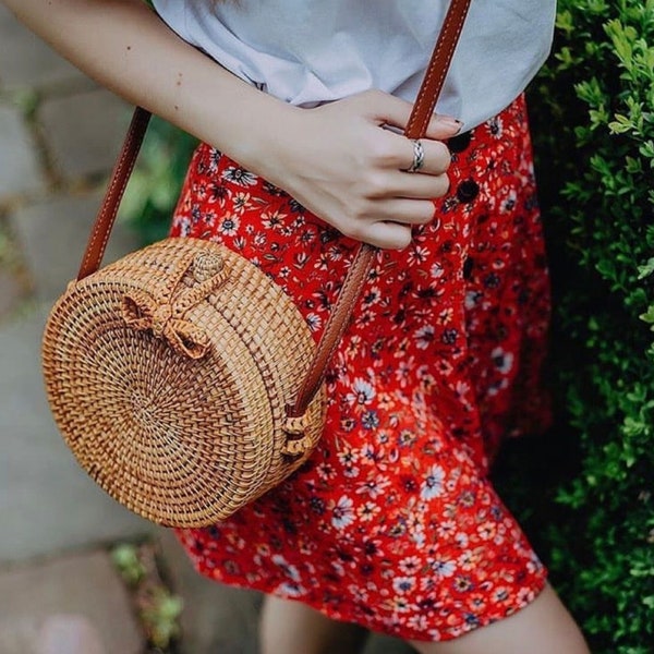 Customized Bali Round Rattan Bag, Handmade Woven Straw Bag, Boho Handbag, Wood wicker bag with Ribbon