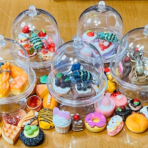 May include: A collection of miniature cakes and pastries decorated with colorful frosting and edible insects under glass domes. The desserts include cupcakes, donuts, and a variety of other sweet treats.