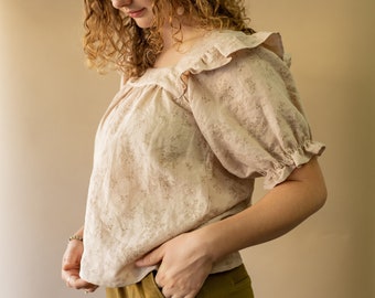 Square Neck linen Floral Women's blouse. Flowy Comfortable womens top Ethically and Sustainably Made. Zero Waste