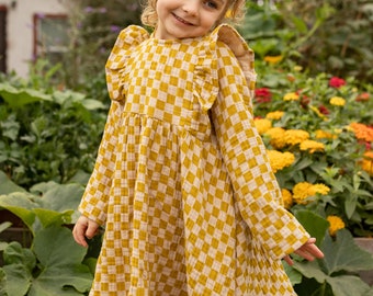 Kleines Mädchen Kleid Gelb Kariert Baumwollkleid für Mädchen, kariertes Kleid. Kleinkind Baumwollkleid, Nachhaltig ethisch handgefertigtes niedliches Kleid