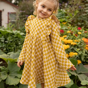 Little Girl Dress Yellow Checkered Cotton dress for girls, checkered Dress. Toddler cotton dress, Sustainably Ethically Handmade Cute Dress image 1