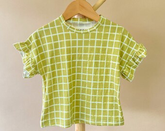 Yellow Checkered Toddler Baby Top, Sustainably Made Ethically Made Easy Spring Summer short sleeve top, ruffled sleeves handmade top