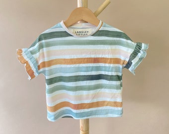 Gestreiftes Kleinkind Baby Top, Nachhaltig Hergestellt Ethisch Hergestellt Einfach Frühling Sommer kurzarm Top, Rüschenärmel, handgefertigtes Top