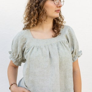 Square Neck linen Gingham Women's blouse. Flowy Comfortable womens top Ethically and Sustainably Made. Zero Waste image 7