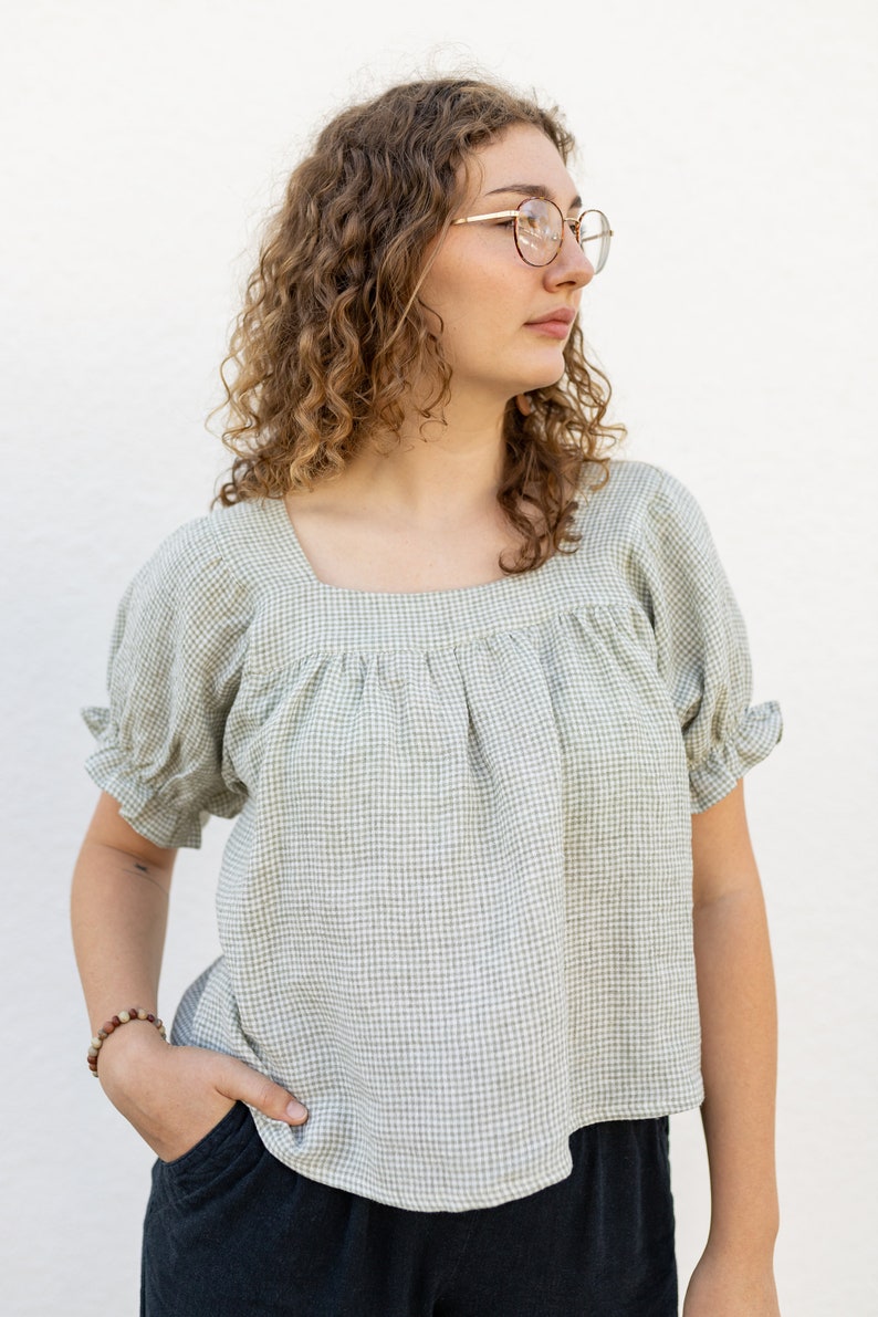 Square Neck linen Gingham Women's blouse. Flowy Comfortable womens top Ethically and Sustainably Made. Zero Waste image 7