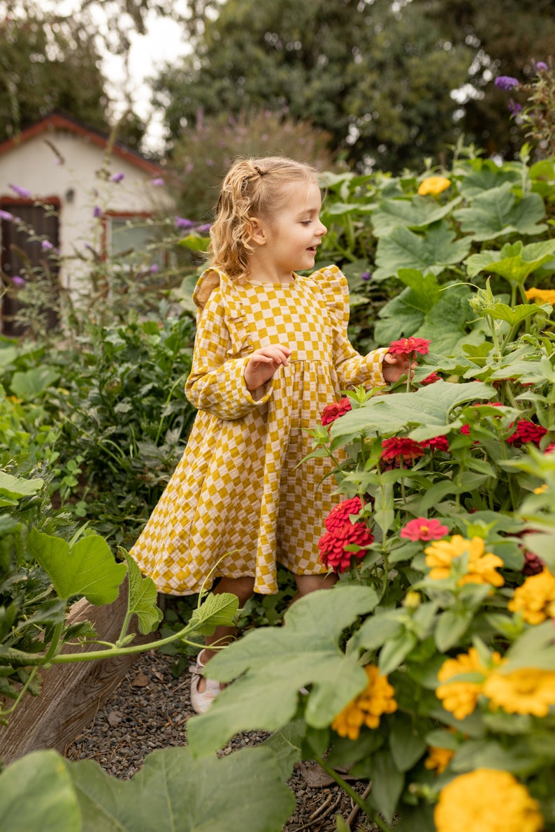 Little Girl Dress Yellow Checkered Cotton dress for girls, checkered Dress. Toddler cotton dress, Sustainably Ethically Handmade Cute Dress image 5