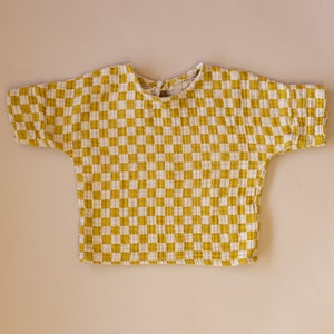 Little Yellow Checkered Cotton top for boys and girls, cotton top unisex. Toddler top, Sustainably Ethically Handmade top with buttons image 1