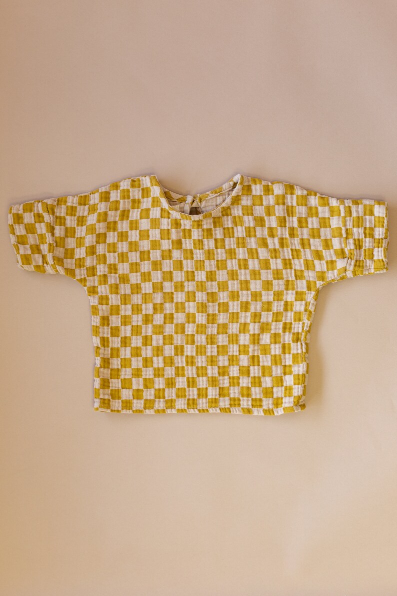 Little Yellow Checkered Cotton top for boys and girls, cotton top unisex. Toddler top, Sustainably Ethically Handmade top with buttons image 1