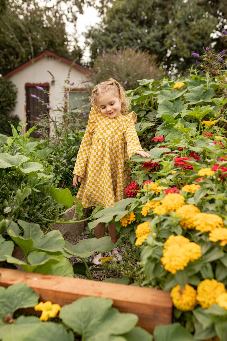 Little Girl Dress Yellow Checkered Cotton dress for girls, checkered Dress. Toddler cotton dress, Sustainably Ethically Handmade Cute Dress image 4