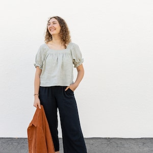 Square Neck linen Gingham Women's blouse. Flowy Comfortable womens top Ethically and Sustainably Made. Zero Waste image 6