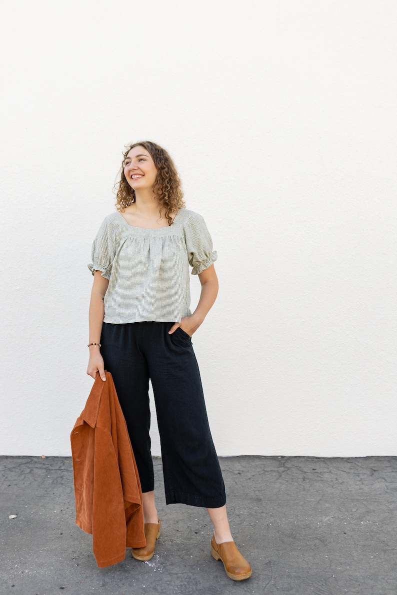 Square Neck linen Gingham Women's blouse. Flowy Comfortable womens top Ethically and Sustainably Made. Zero Waste image 6