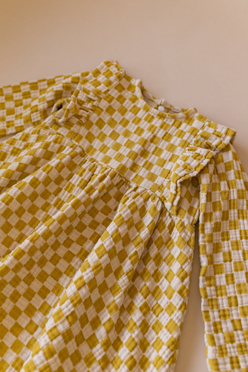 Little Girl Dress Yellow Checkered Cotton dress for girls, checkered Dress. Toddler cotton dress, Sustainably Ethically Handmade Cute Dress image 6