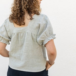 Square Neck linen Gingham Women's blouse. Flowy Comfortable womens top Ethically and Sustainably Made. Zero Waste image 5