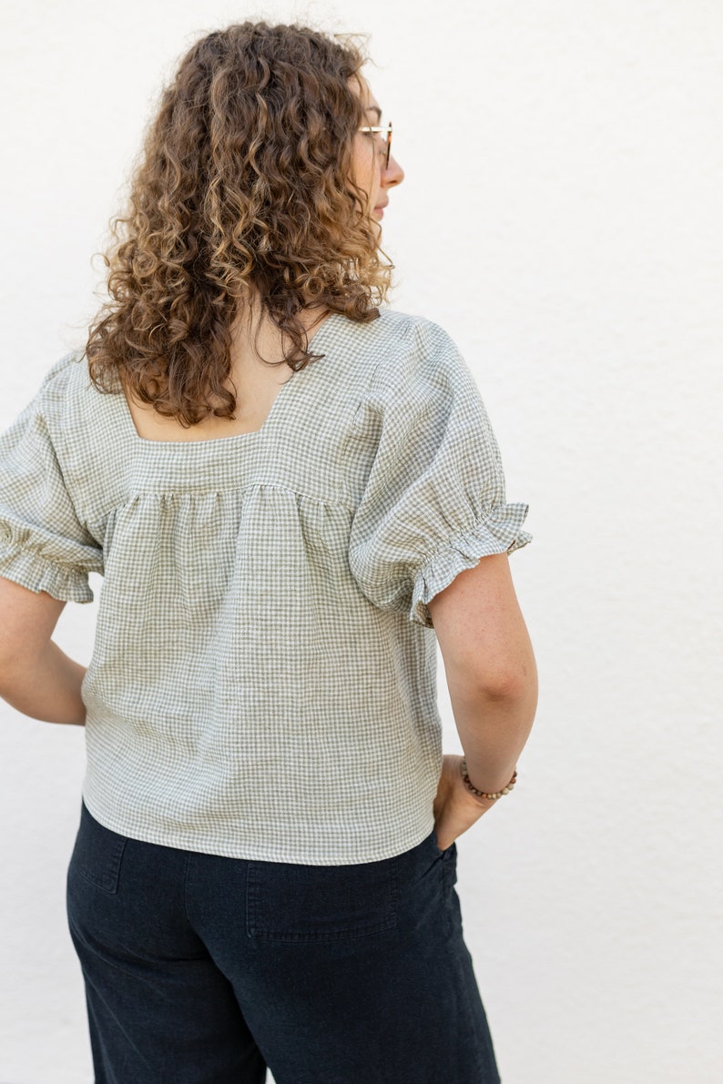 Square Neck linen Gingham Women's blouse. Flowy Comfortable womens top Ethically and Sustainably Made. Zero Waste image 5