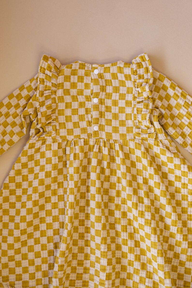 Little Girl Dress Yellow Checkered Cotton dress for girls, checkered Dress. Toddler cotton dress, Sustainably Ethically Handmade Cute Dress image 8