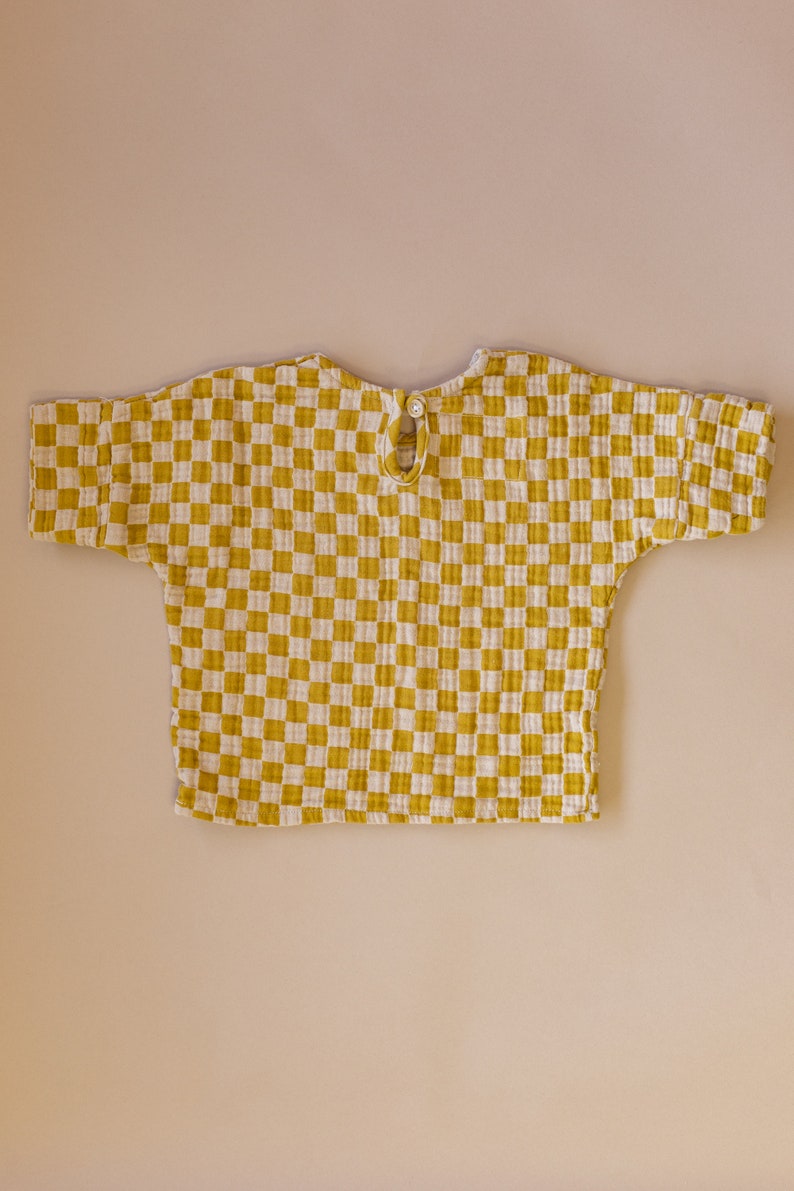 Little Yellow Checkered Cotton top for boys and girls, cotton top unisex. Toddler top, Sustainably Ethically Handmade top with buttons image 7