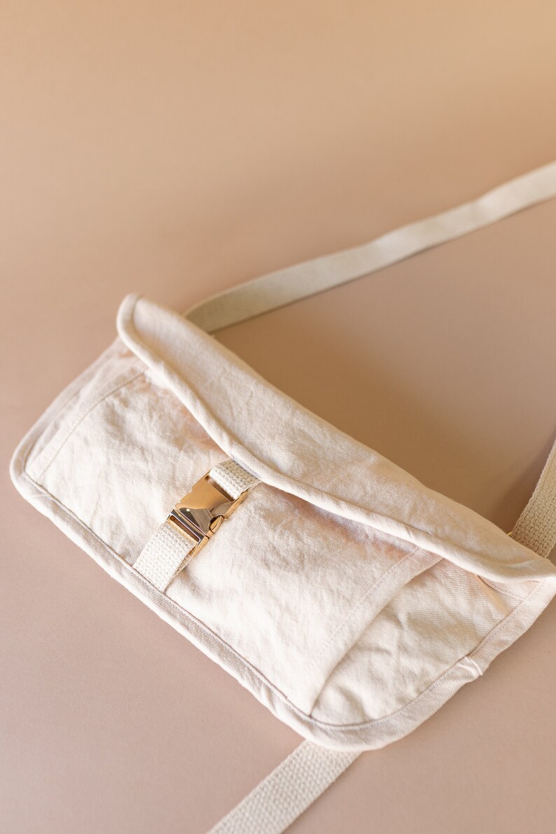 Denim Sling Bag Gold Buckle Canvas All Natural Materials Modern Bag Zipper