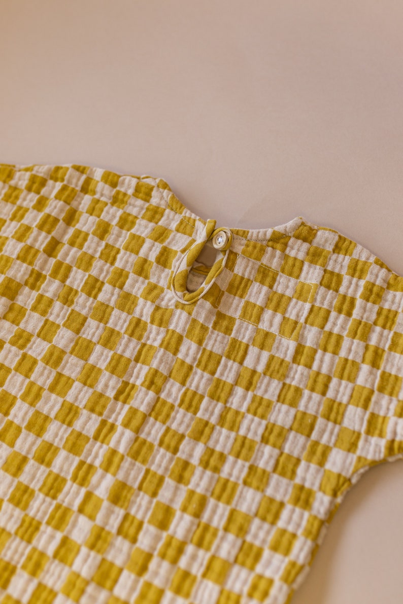 Little Yellow Checkered Cotton top for boys and girls, cotton top unisex. Toddler top, Sustainably Ethically Handmade top with buttons image 2