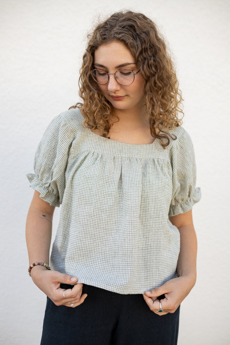 Square Neck linen Gingham Women's blouse. Flowy Comfortable womens top Ethically and Sustainably Made. Zero Waste image 8