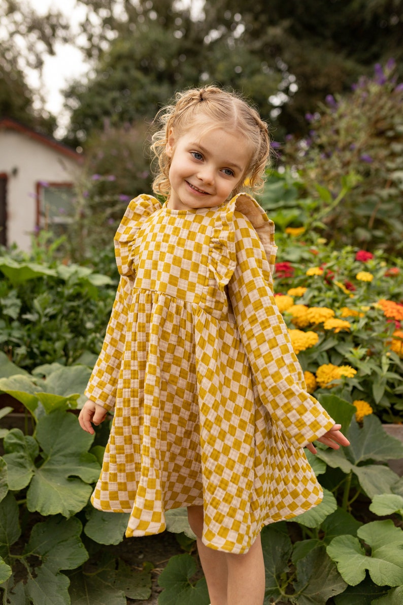 Little Girl Dress Yellow Checkered Cotton dress for girls, checkered Dress. Toddler cotton dress, Sustainably Ethically Handmade Cute Dress image 1