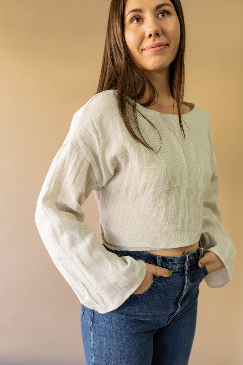 Reversible women linen long sleeve top, handmade clothing for women, ethically-made, sustainable linen Wrap Top Tie front or back blouse image 6