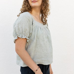 Square Neck linen Gingham Women's blouse. Flowy Comfortable womens top Ethically and Sustainably Made. Zero Waste image 4