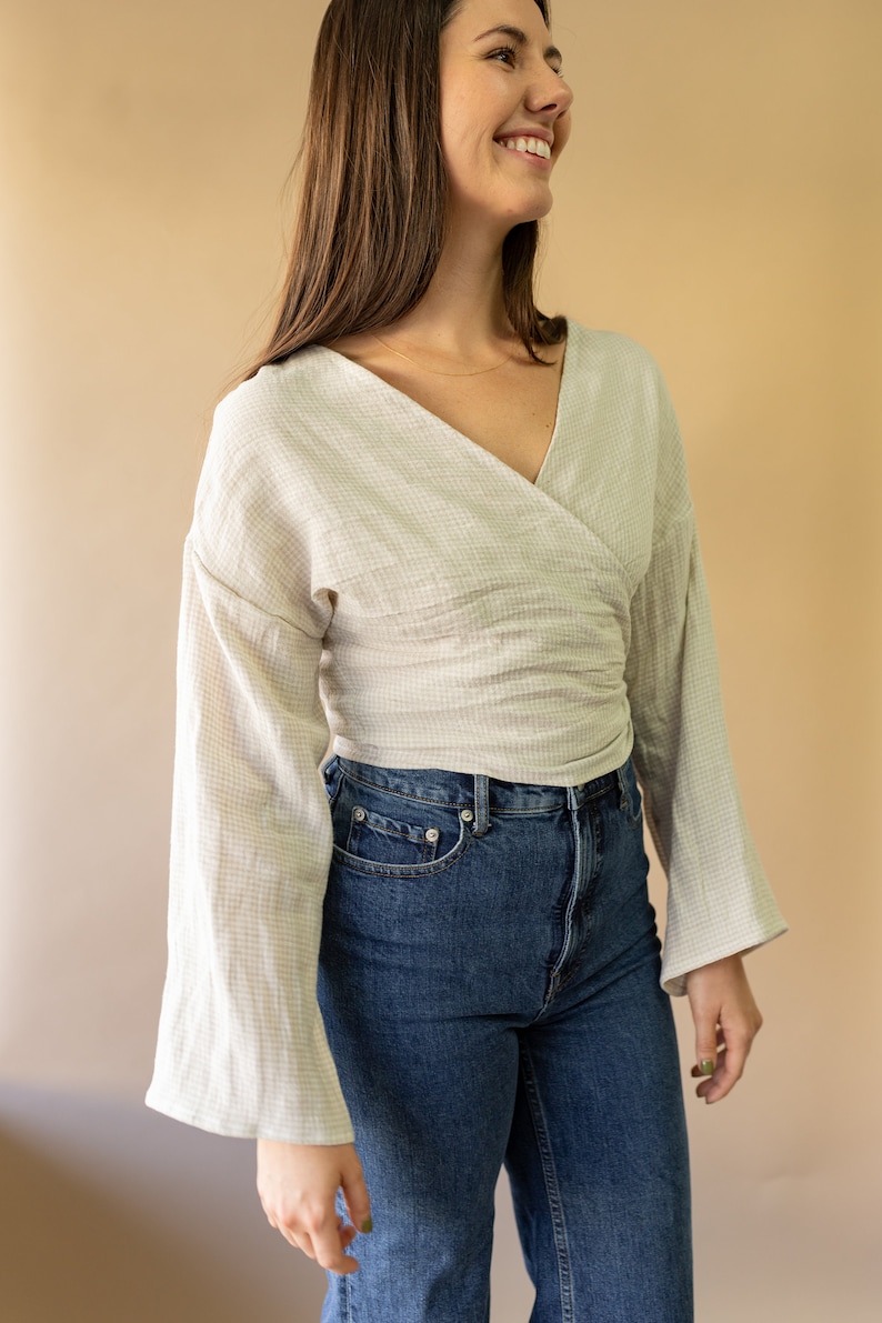 Reversible women linen long sleeve top, handmade clothing for women, ethically-made, sustainable linen Wrap Top Tie front or back blouse image 2