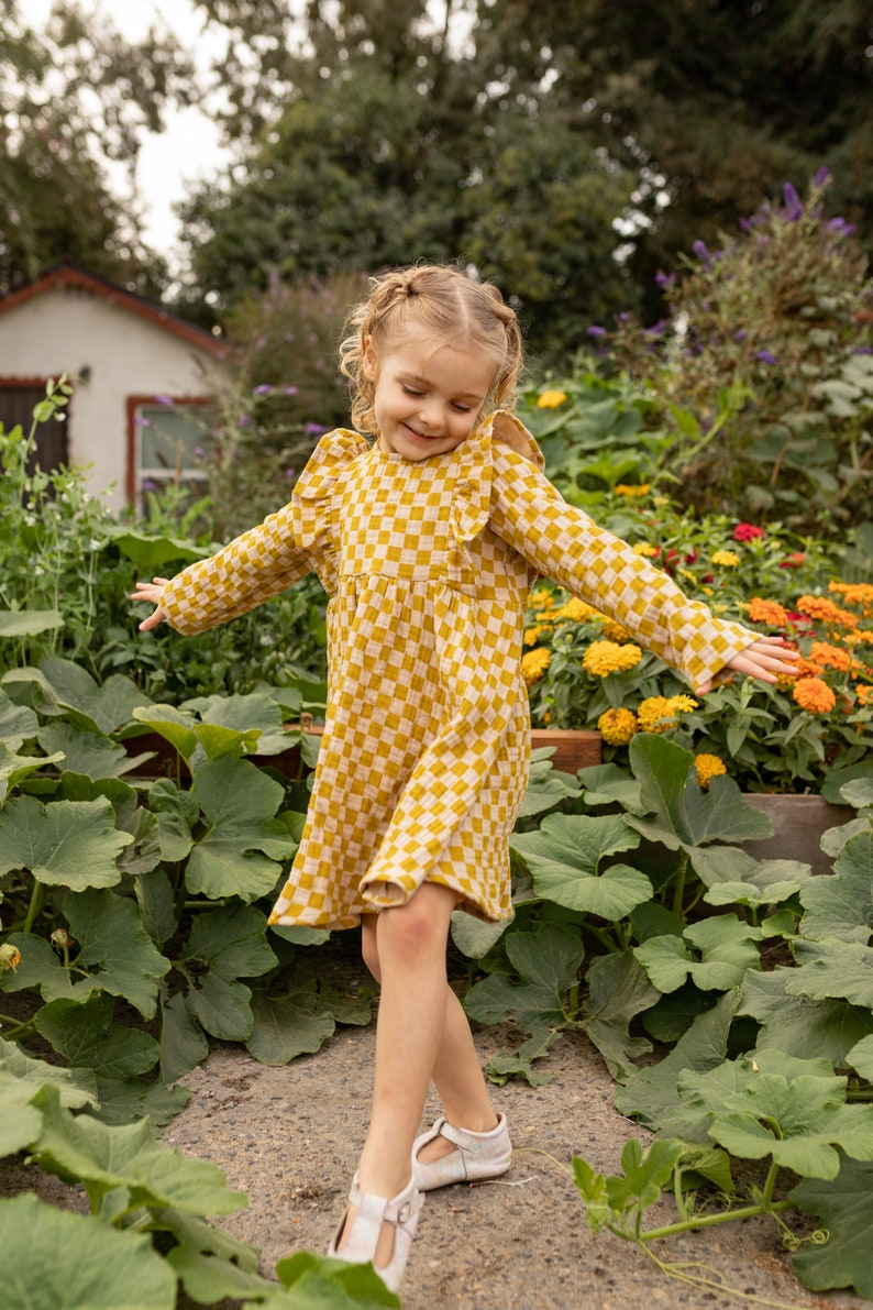 Little Girl Dress Yellow Checkered Cotton dress for girls, checkered Dress. Toddler cotton dress, Sustainably Ethically Handmade Cute Dress image 2