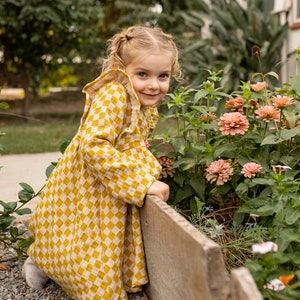 Little Girl Dress Yellow Checkered Cotton dress for girls, checkered Dress. Toddler cotton dress, Sustainably Ethically Handmade Cute Dress image 3