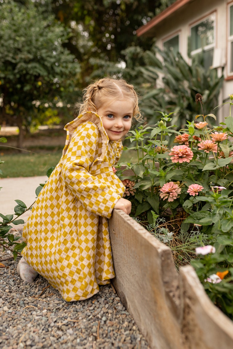 Little Girl Dress Yellow Checkered Cotton dress for girls, checkered Dress. Toddler cotton dress, Sustainably Ethically Handmade Cute Dress image 3