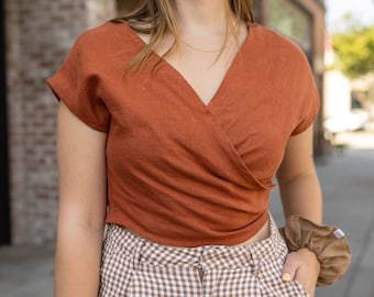 Reversible ethically-made, sustainable linen Wrap Top made in USA. Small batch women's linen clothes produced with zero waste.