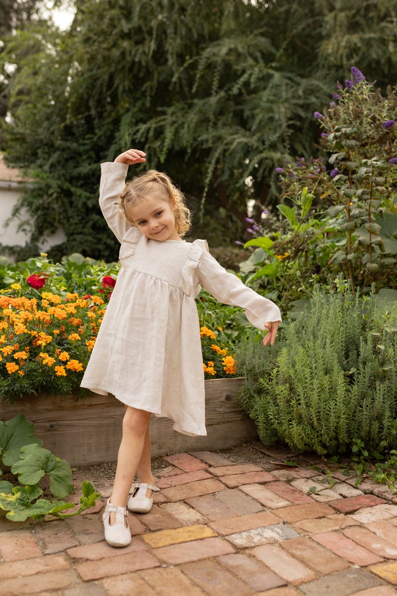 Little Girl Dress Gingham Linen dress for girls, Linen Dress. Toddler linen dress, flower girl dress Sustainably Ethically Made Linen Dress image 5