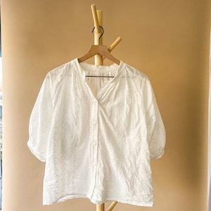Cotton White Blouse Embroidery Short Sleeve Button Up handmade clothing for women, ethically-made, sustainable image 6