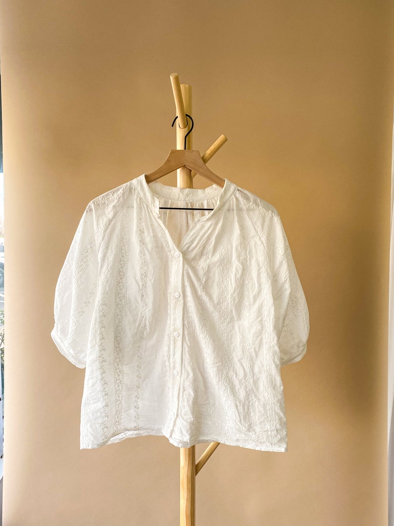 Cotton White Blouse Embroidery Short Sleeve Button Up handmade clothing for women, ethically-made, sustainable image 6