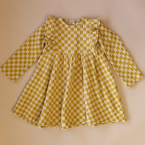 Little Girl Dress Yellow Checkered Cotton dress for girls, checkered Dress. Toddler cotton dress, Sustainably Ethically Handmade Cute Dress image 7