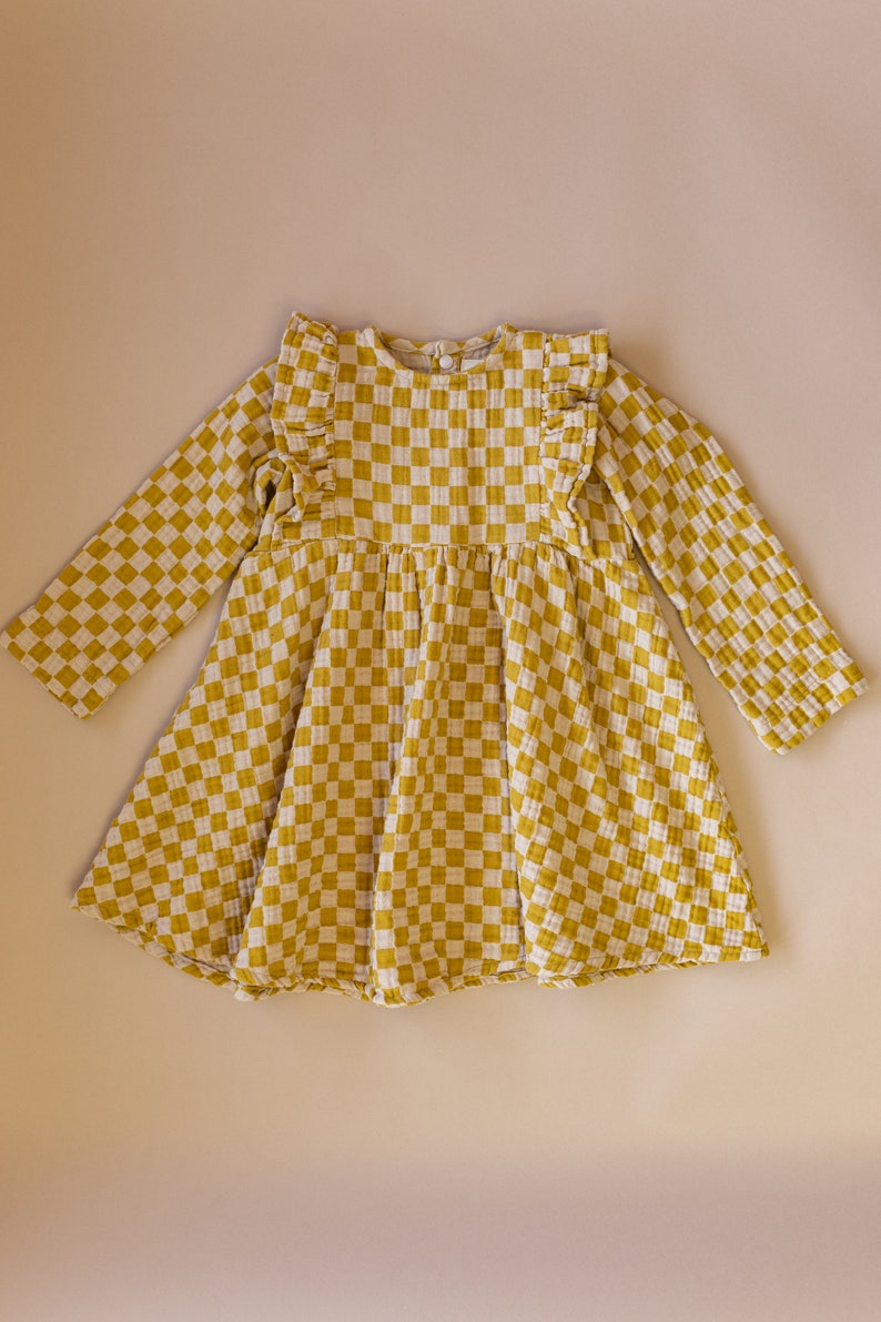 Little Girl Dress Yellow Checkered Cotton dress for girls, checkered Dress. Toddler cotton dress, Sustainably Ethically Handmade Cute Dress image 7